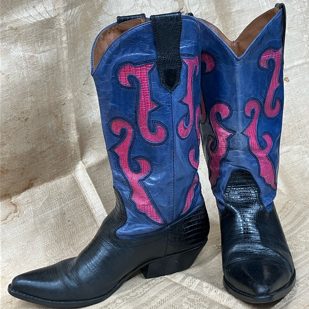 Vintage 90’s Nine West Blue and Pink Cowboy Boots